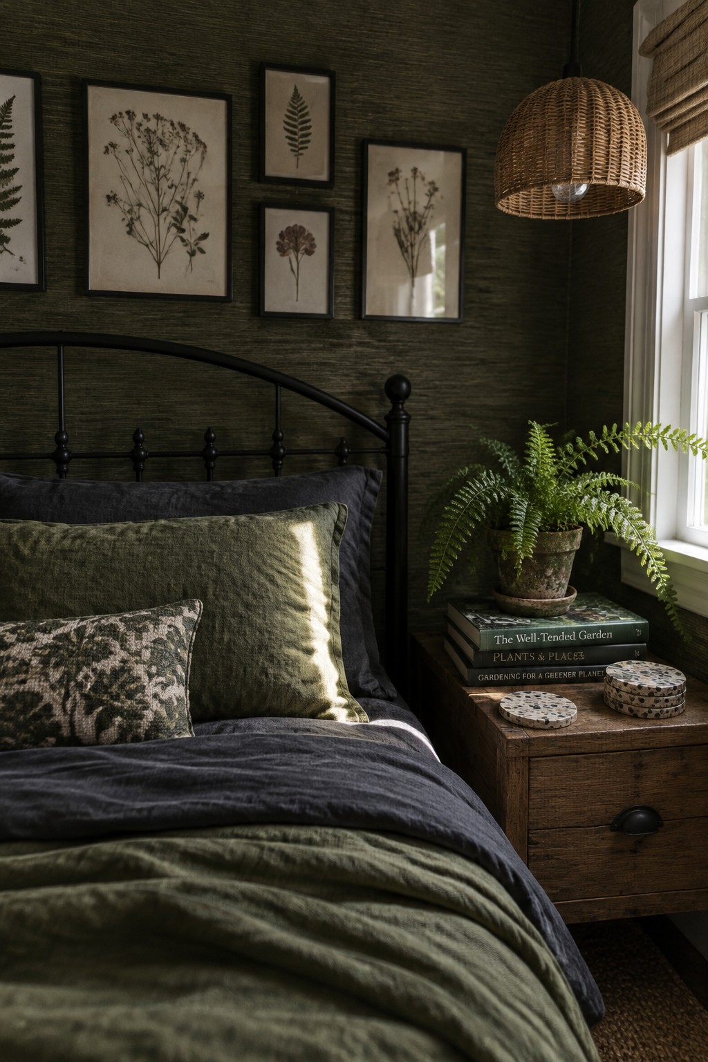 A bedroom with a black metal bed, dark green walls, framed botanical prints, and a fern on a wooden bedside table.