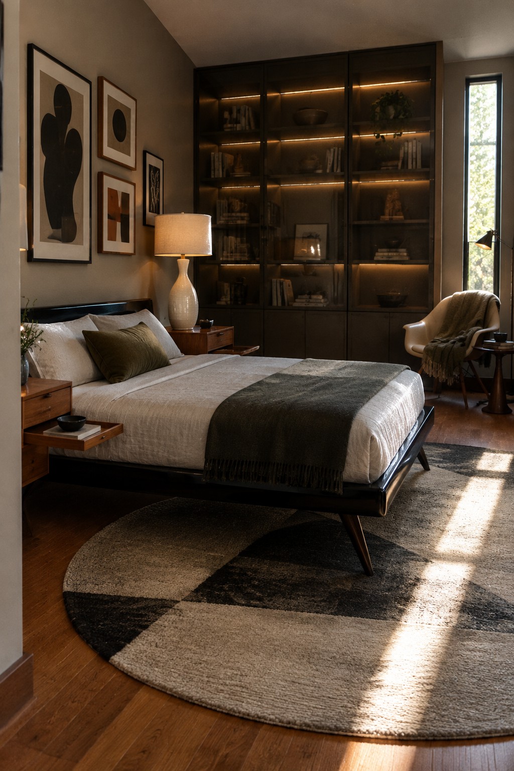 A bedroom with a black bed frame in front of dark built-in shelving with glass doors and warm shelf lights.