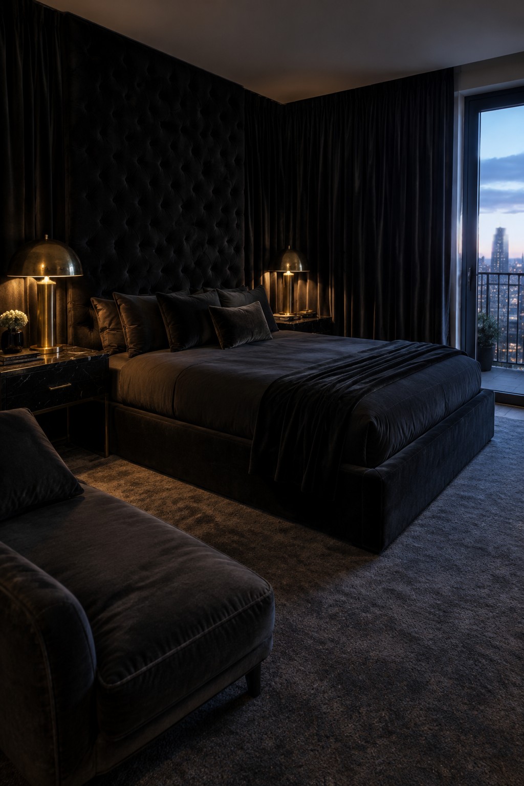 A dark bedroom with a black upholstered bed, floor-to-ceiling curtains, bedside lamps, and a glass balcony door.