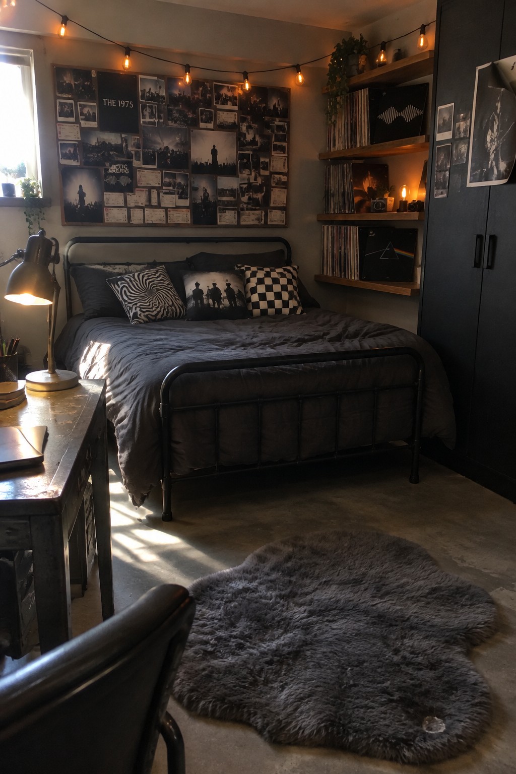 A bedroom with a black metal bed beneath a wall collage of music memorabilia and shelves of records.
