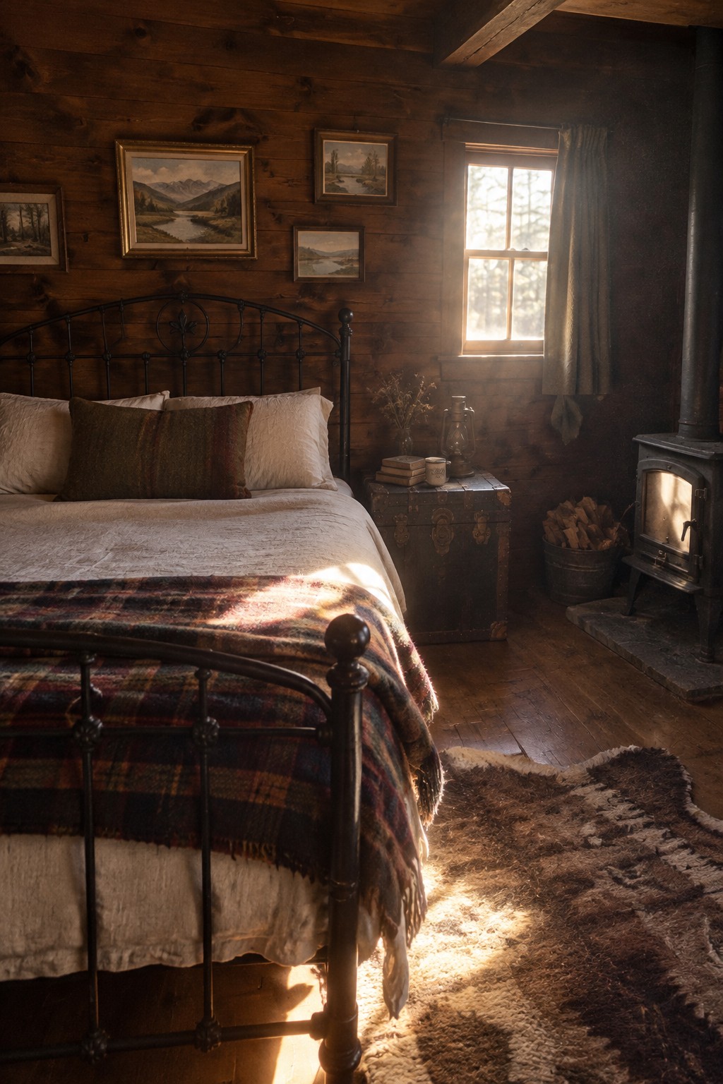 A black metal bed sits against dark wood plank walls in a rustic bedroom with framed landscape art, a sunlit window, and a wood stove.