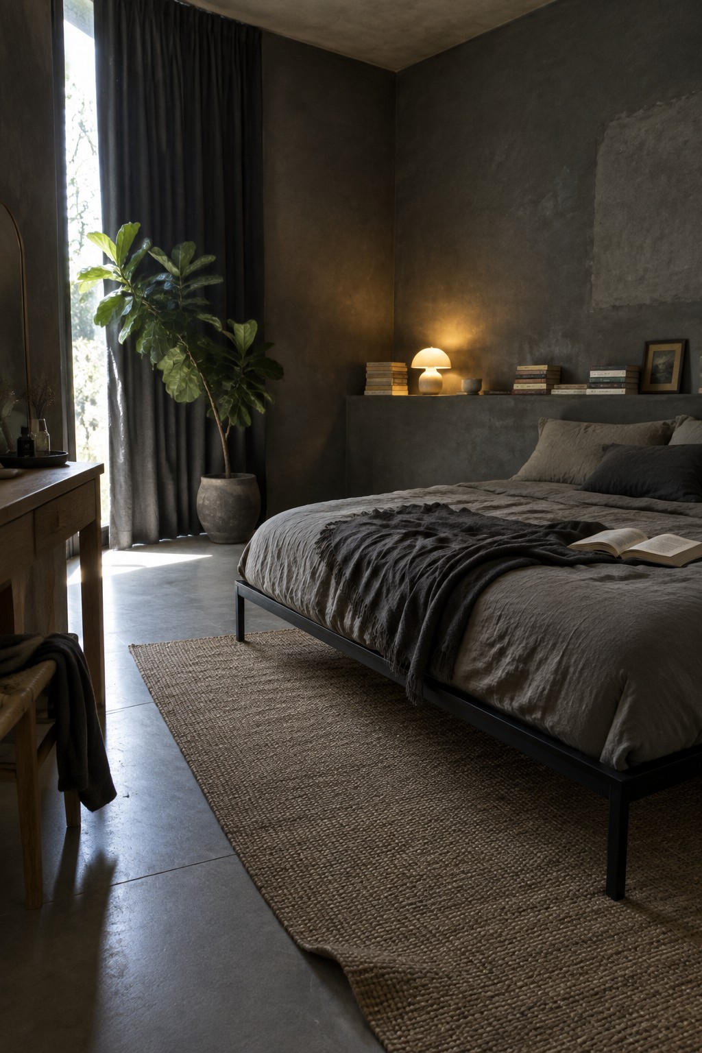 A black metal bed sits against dark textured walls, with gray bedding, a woven rug, and a narrow window beside dark curtains.