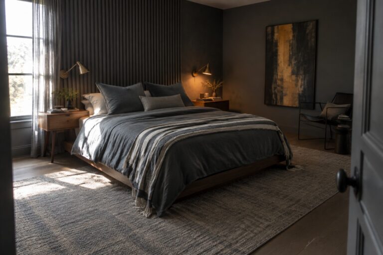A bedroom with charcoal gray bedding and pillows, a striped throw, dark wood furniture, and a tall window.