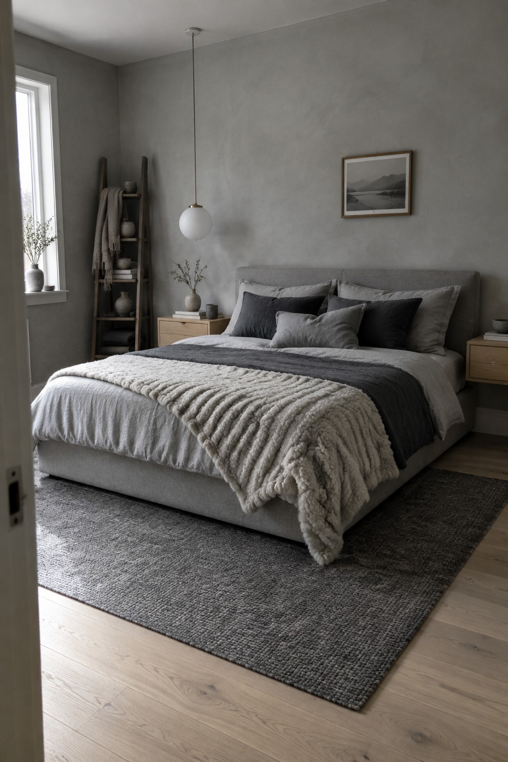 A gray bedroom with layered gray bedding, dark pillows, and a textured cream throw on a bed.