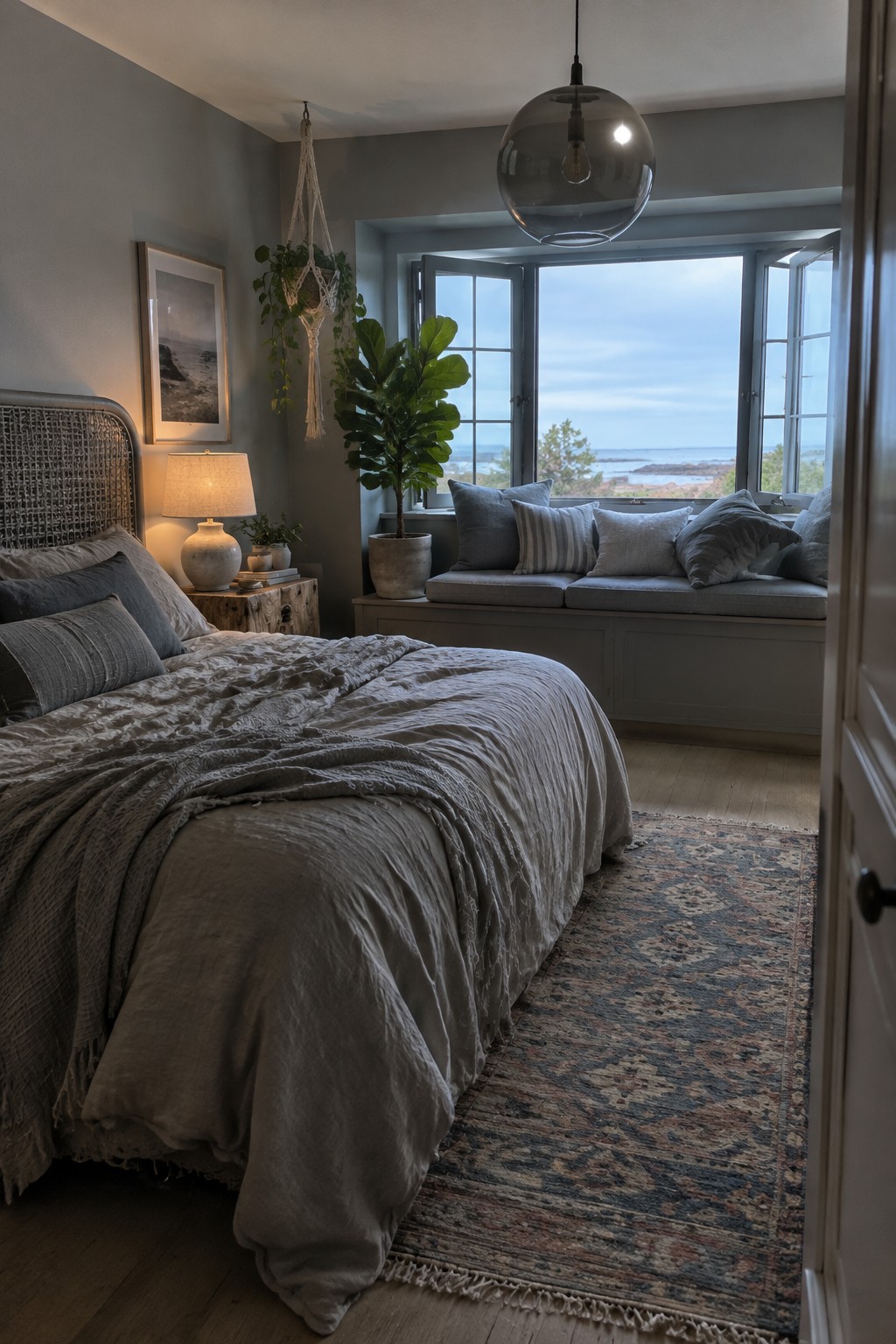 A gray bedroom with layered bedding, a woven headboard, and a cushioned window seat.