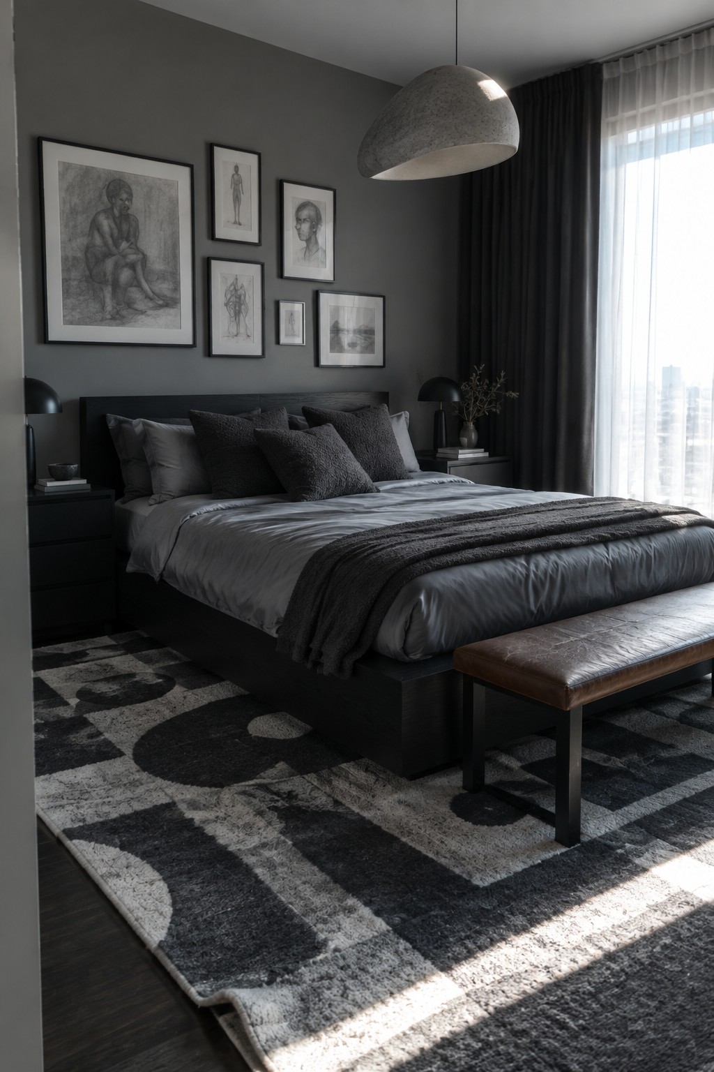 A dark gray bedroom with a bed, layered gray bedding, and several framed sketches arranged above the headboard.