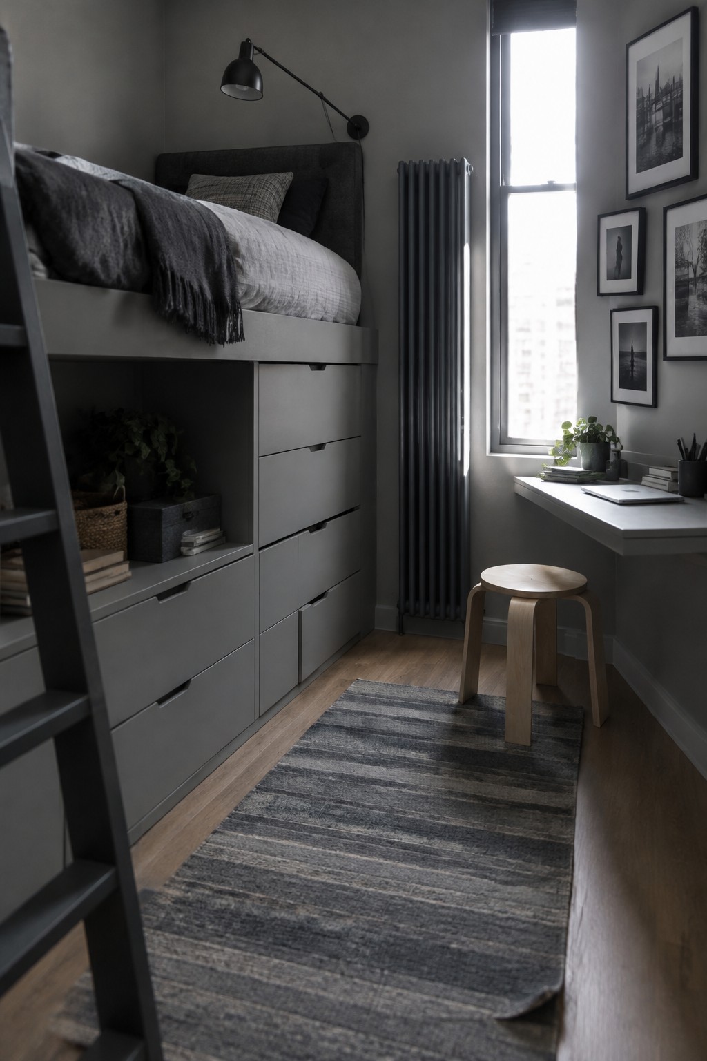 A gray loft bed with built-in drawers and open shelves sits beside a desk in a narrow bedroom.