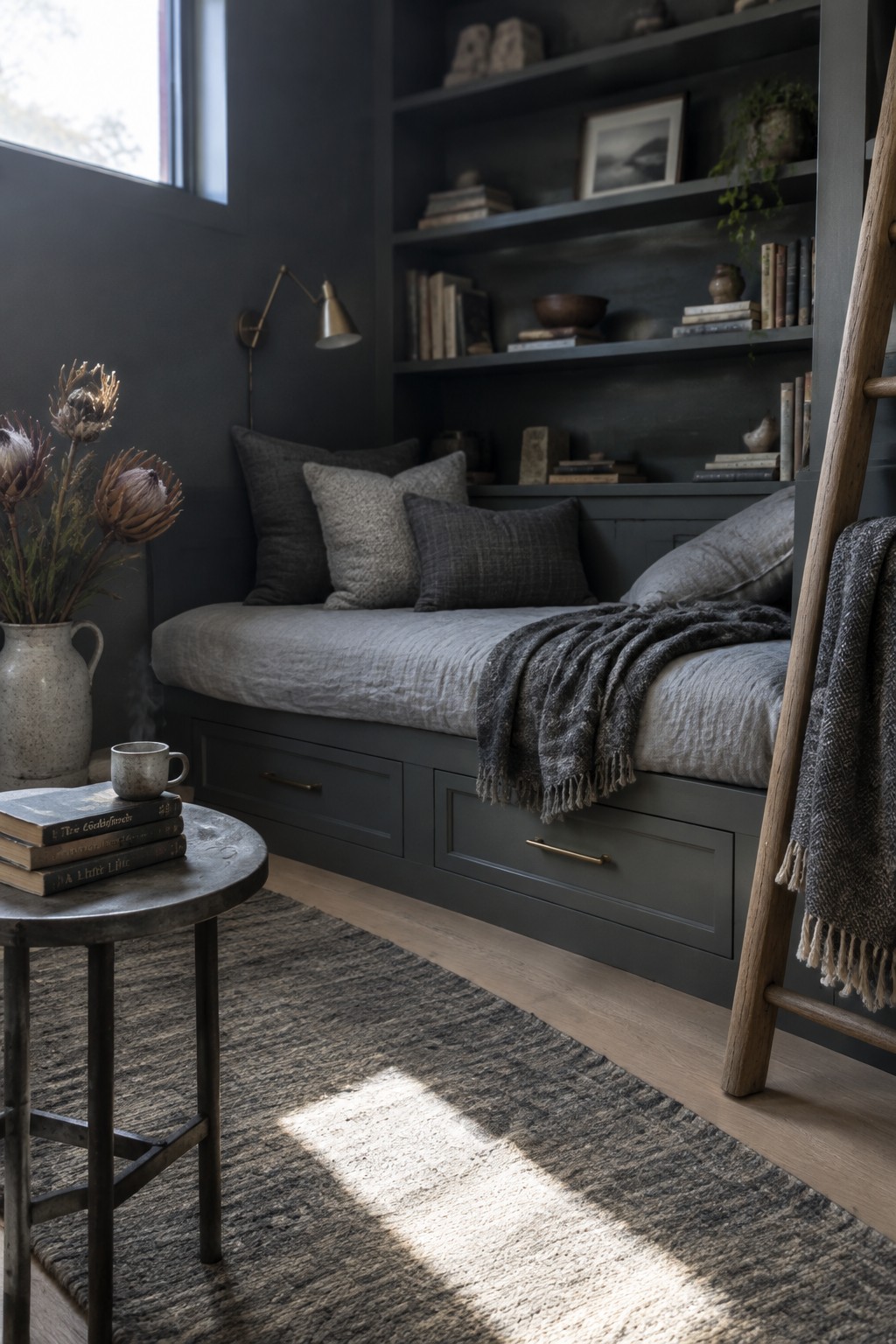 A gray built-in daybed with drawers sits beneath open shelves in a bedroom.