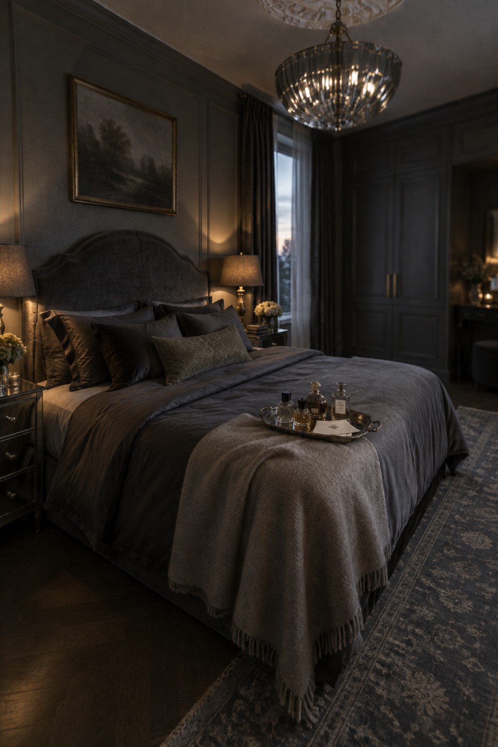A dark gray bedroom with a curved upholstered headboard, layered gray bedding, and a fringed throw at the foot of the bed.