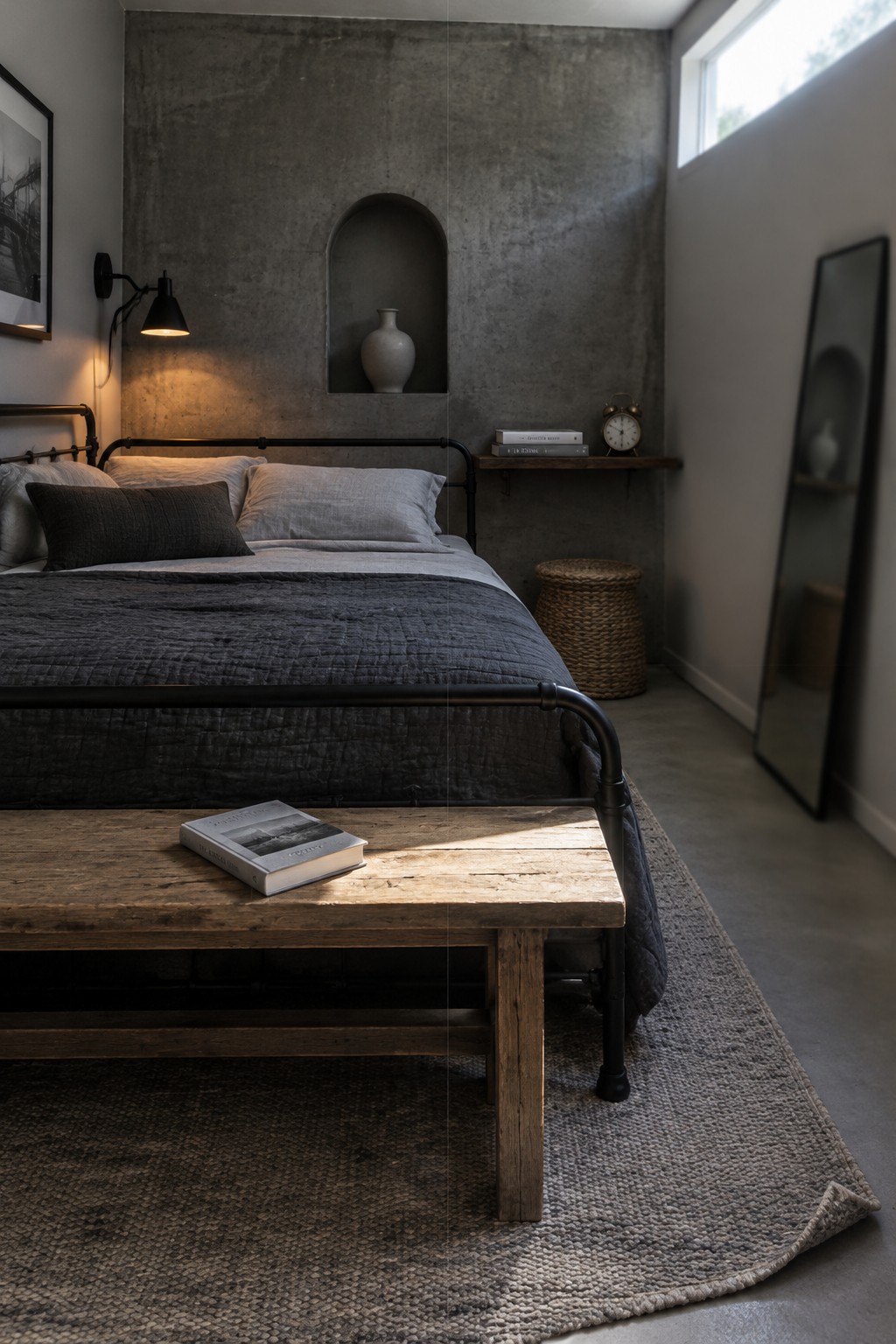 A bedroom with charcoal bedding, gray pillows, a black metal bed frame, and a wooden bench on a woven rug.