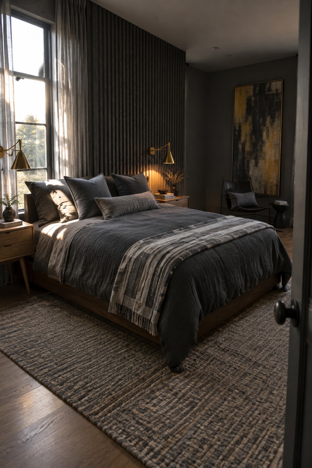 A bedroom with charcoal gray bedding and pillows, a striped throw, dark wood furniture, and a tall window.