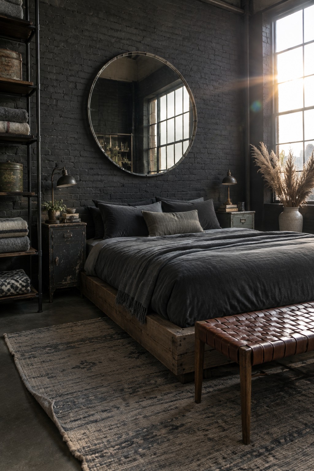 A gray bedroom with a charcoal brick wall, dark bedding, a round mirror, and a tall window.