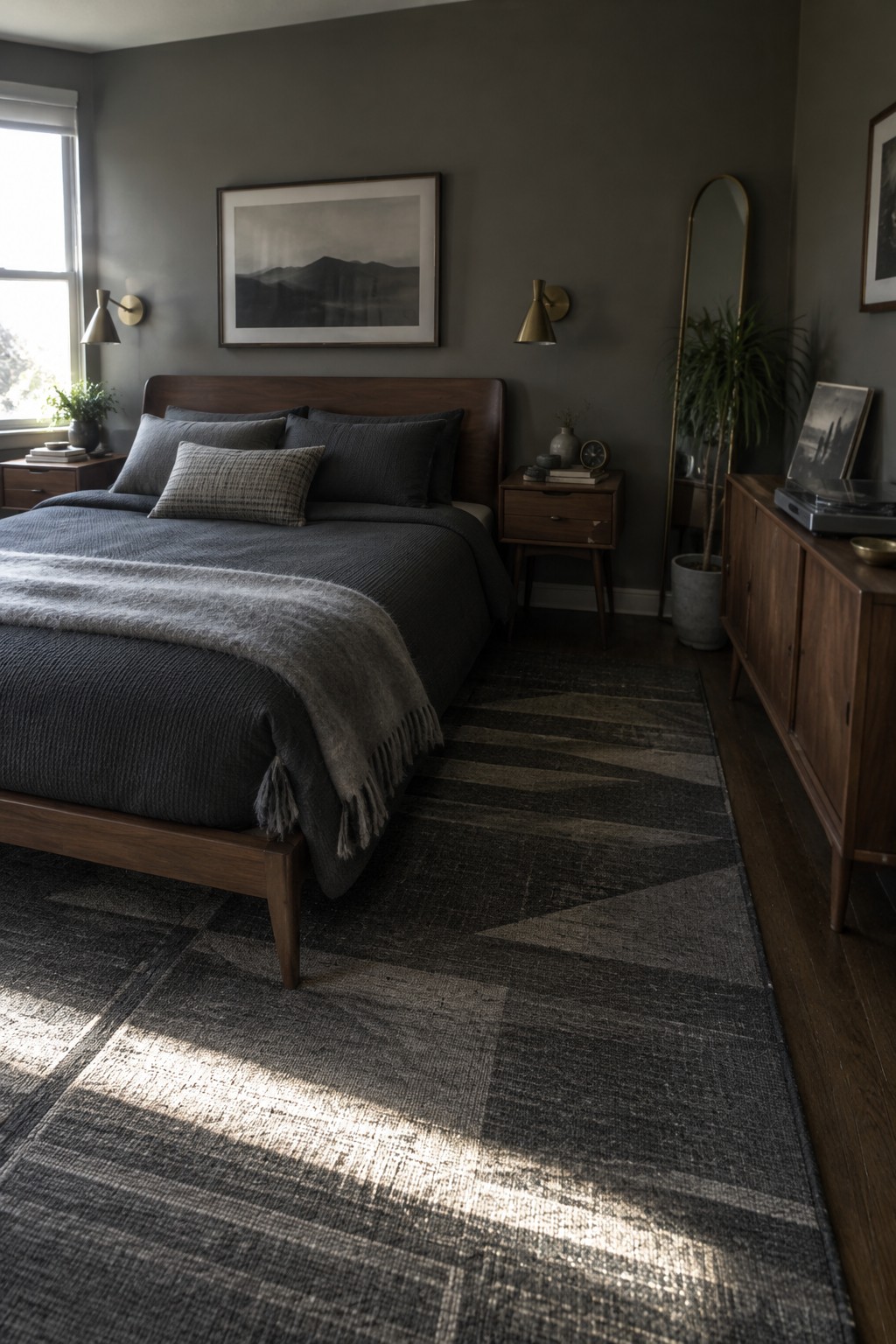 A bedroom with charcoal bedding, layered gray pillows and a light gray throw on a wooden bed.