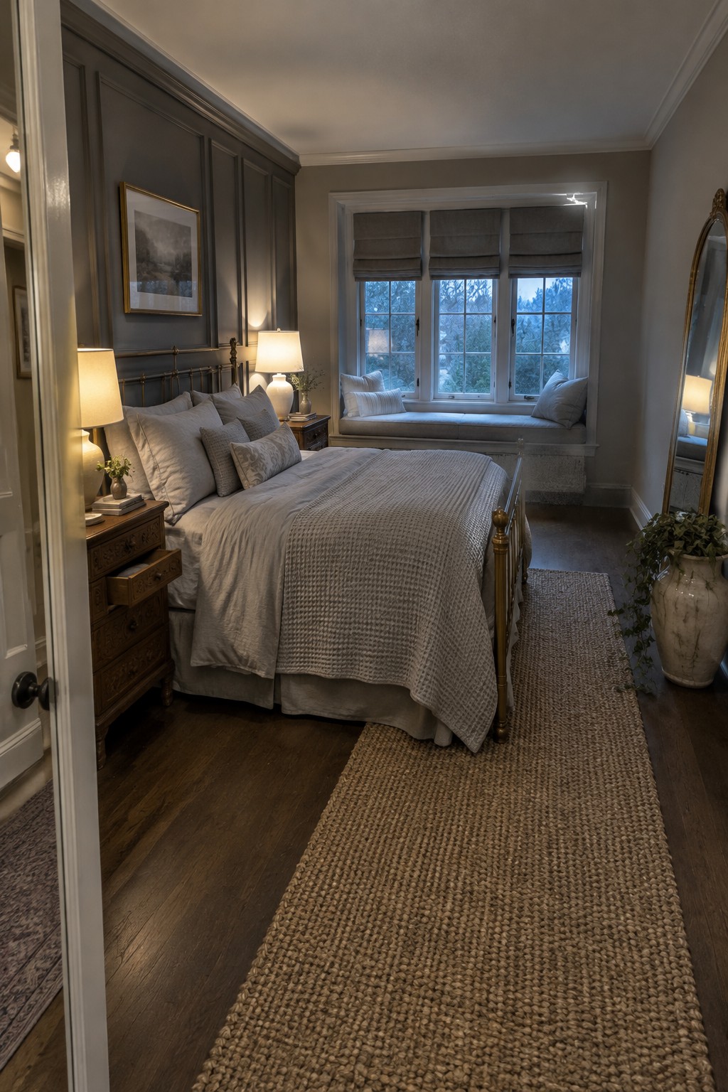 A bedroom with dark gray paneled walls, a brass bed frame, pale bedding, and a window seat.