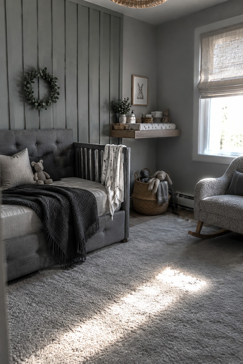 A gray nursery with vertical paneled walls, a gray upholstered bed, and a floating wooden shelf.