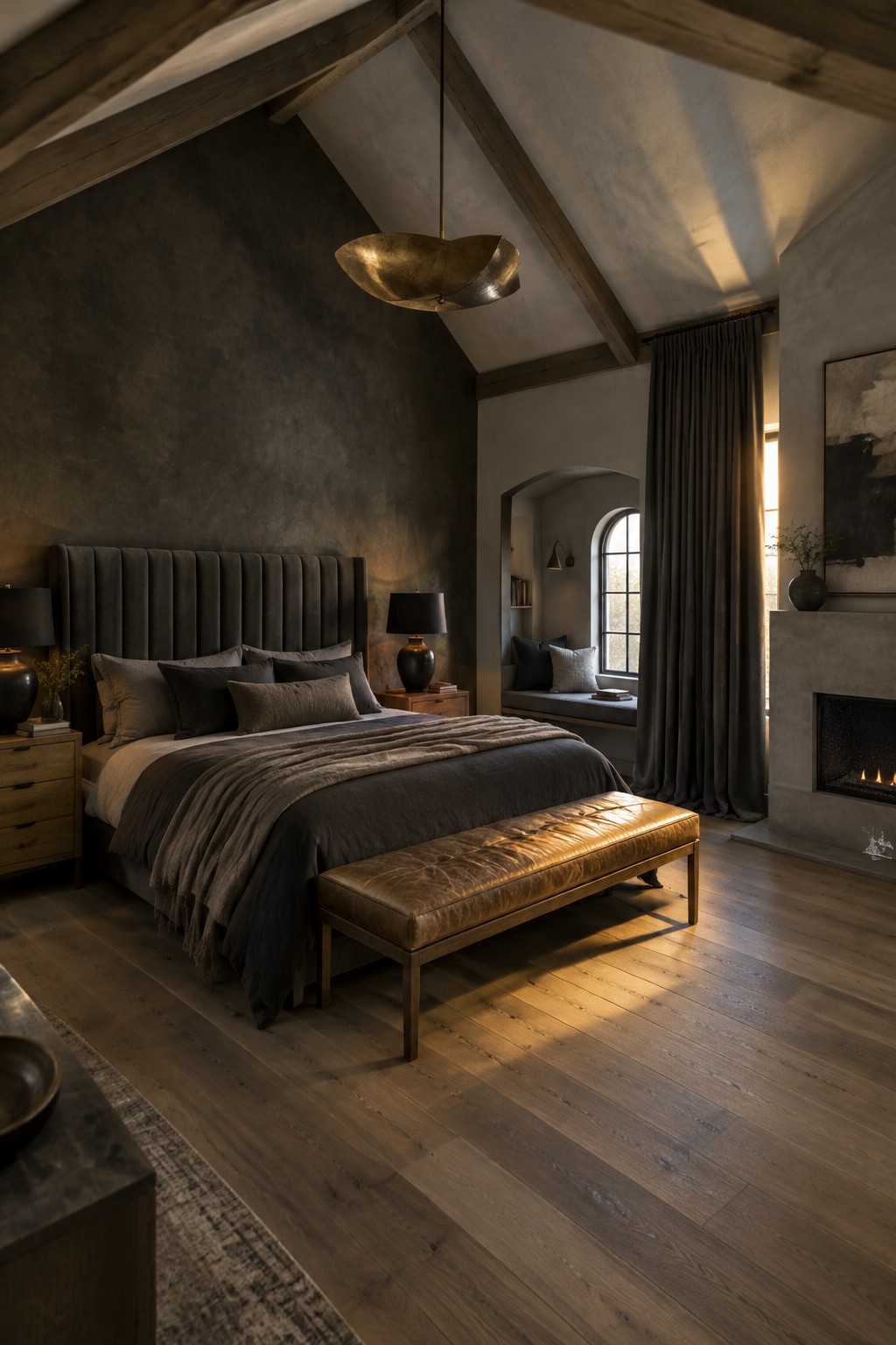 A bedroom with dark gray walls, charcoal bedding, a tall upholstered headboard, and exposed wood ceiling beams.