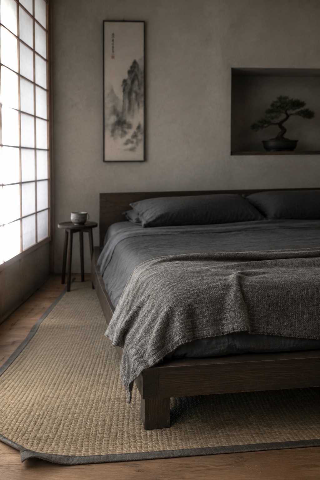 A gray bedroom with layered bedding, a dark wood bed, a woven rug, and a shoji-style window.