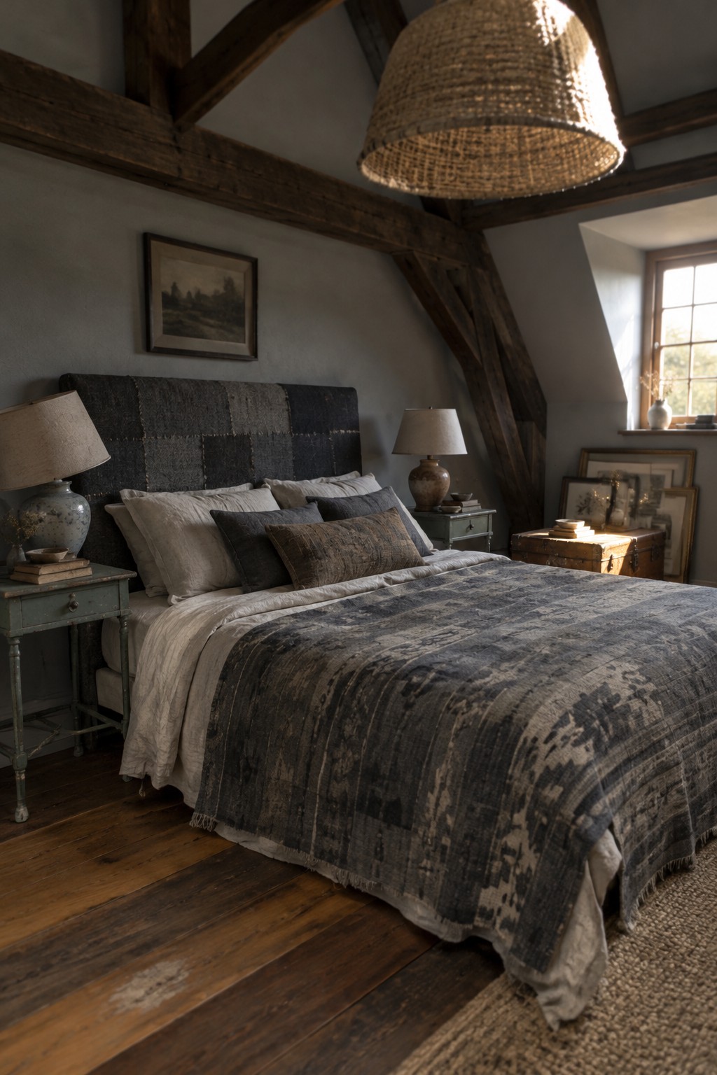 A gray patterned coverlet and layered pillows on a bed beneath exposed timber beams in an attic bedroom.