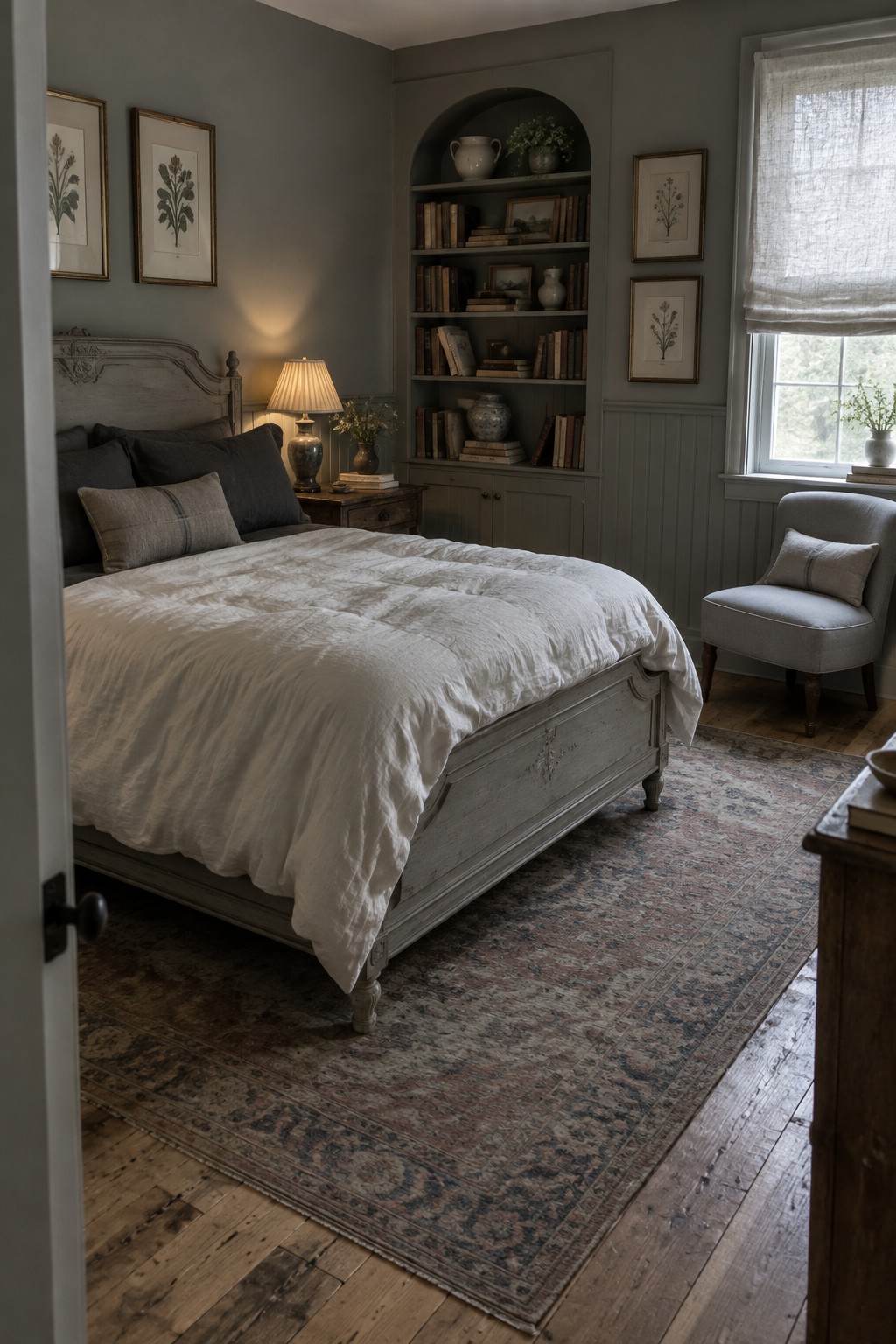 A bedroom with gray walls, pale bedding, dark pillows, a built-in bookcase, and a window with a fabric shade.