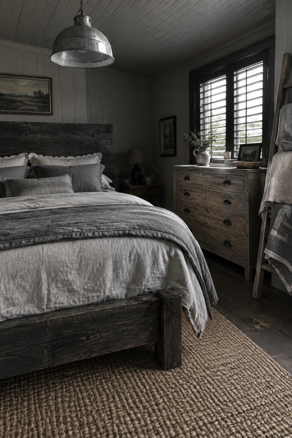 A gray bedroom with a dark weathered wood bed, layered gray bedding, a wooden dresser, and a woven rug.