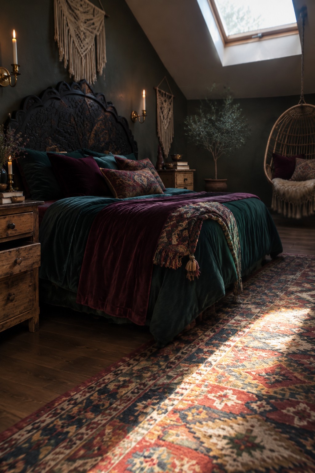 A dark carved wood headboard sits behind a bed with deep green bedding and burgundy pillows.