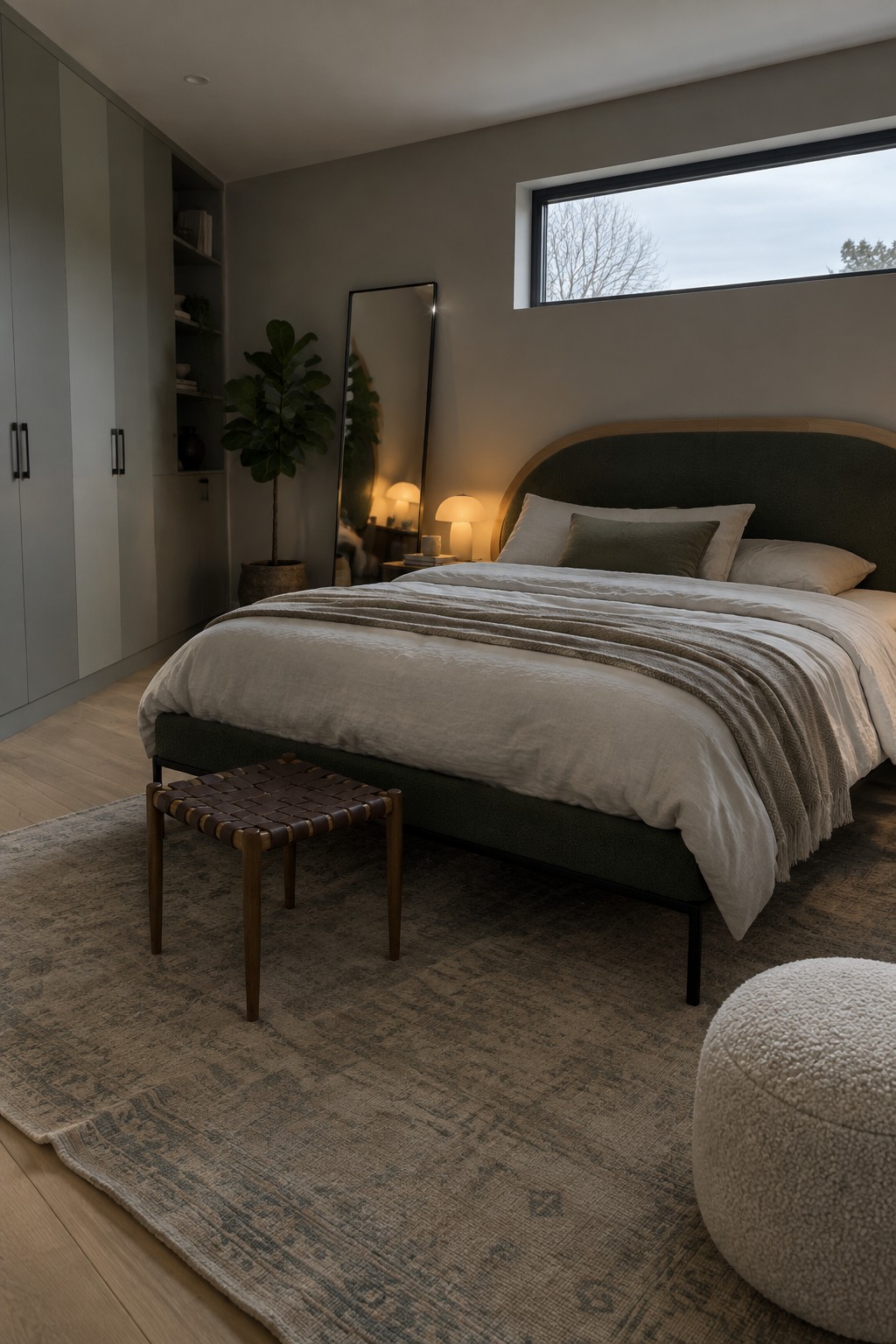 A bedroom with a dark upholstered bed, light bedding, a narrow high window, and a patterned rug.