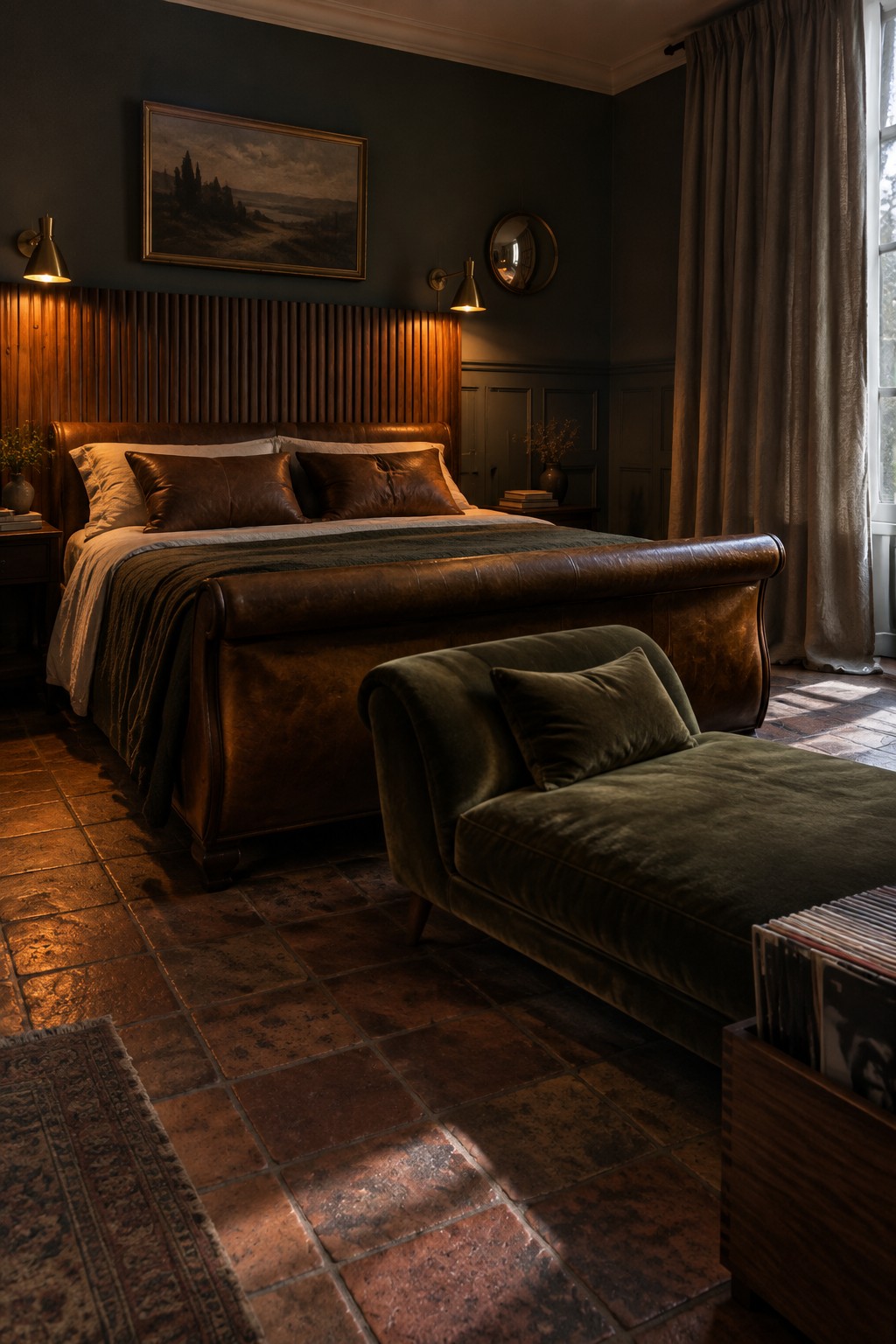 A bedroom with a brown leather bed frame, dark walls, wood paneling, and muted bedding.