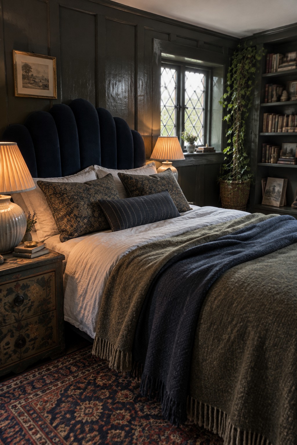 A bedroom with a tall navy upholstered headboard, patterned pillows, layered blankets, and dark paneled walls.