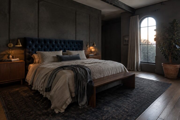19 Moody Primary Bedroom Ideas Built Around a Statement Bed A bedroom with a tall navy tufted headboard against dark paneled walls, pale bedding, and matching brass bedside lights.