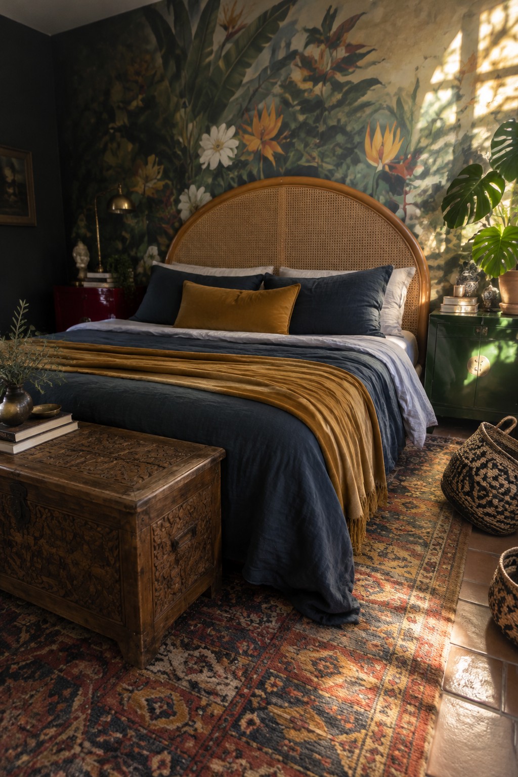 A bed with a rounded cane headboard, dark blue bedding, and a mustard throw stands against a floral mural.
