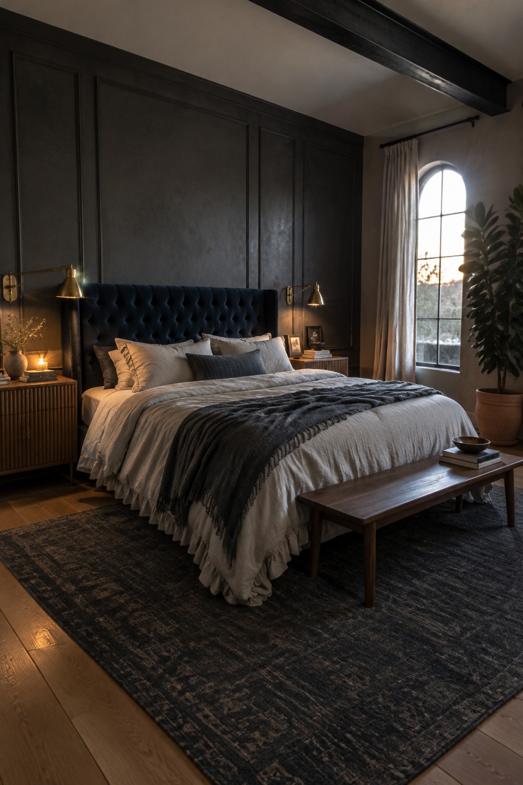A bedroom with a tall navy tufted headboard against dark paneled walls, pale bedding, and matching brass bedside lights.