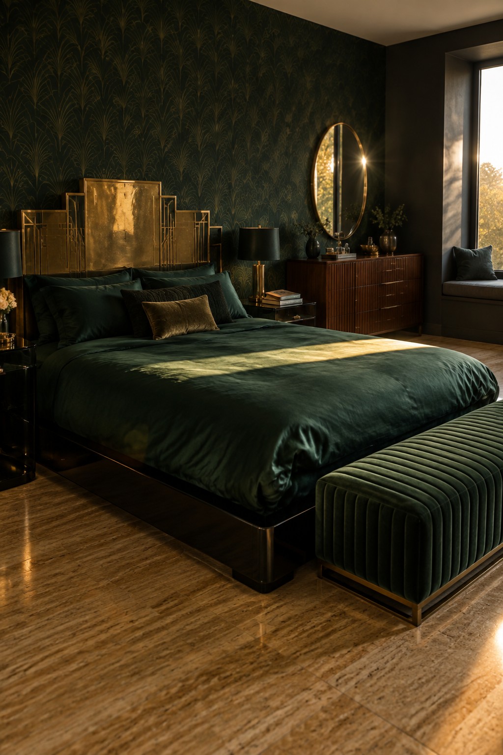 A bedroom with a dark green bed, gold geometric headboard, patterned dark wallpaper, and a matching green bench at the foot of the bed.