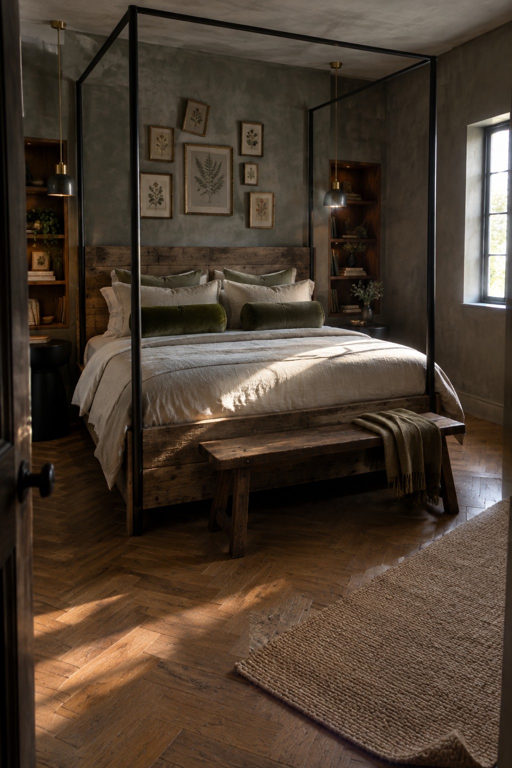 A dark wood bed with a black four-poster frame, cream bedding, and green cushions in a muted bedroom.