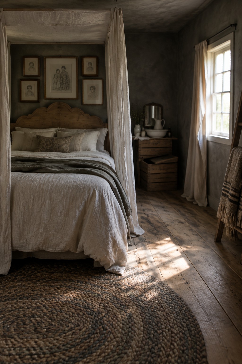 A wooden canopy bed with cream curtains and white bedding stands in a bedroom with framed pictures above the headboard.