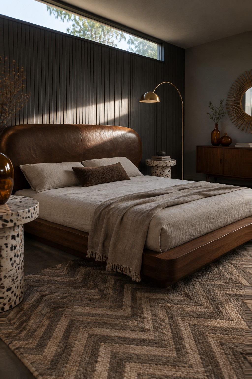 A bedroom with a curved brown leather headboard, neutral bedding, dark vertical wall panels, and a wooden bed frame.