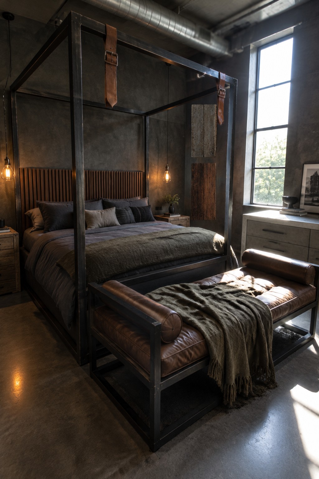 A dark metal four-poster bed with gray bedding and leather straps stands in an industrial-style bedroom.