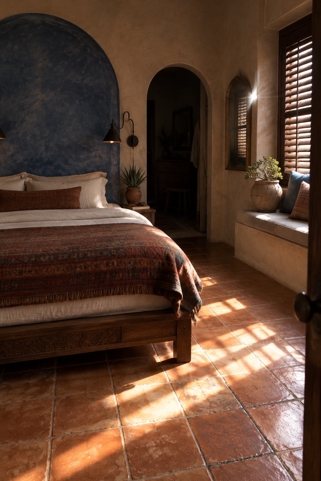 A bed with white pillows and a rust-colored coverlet sits in front of a large dark blue arched wall.