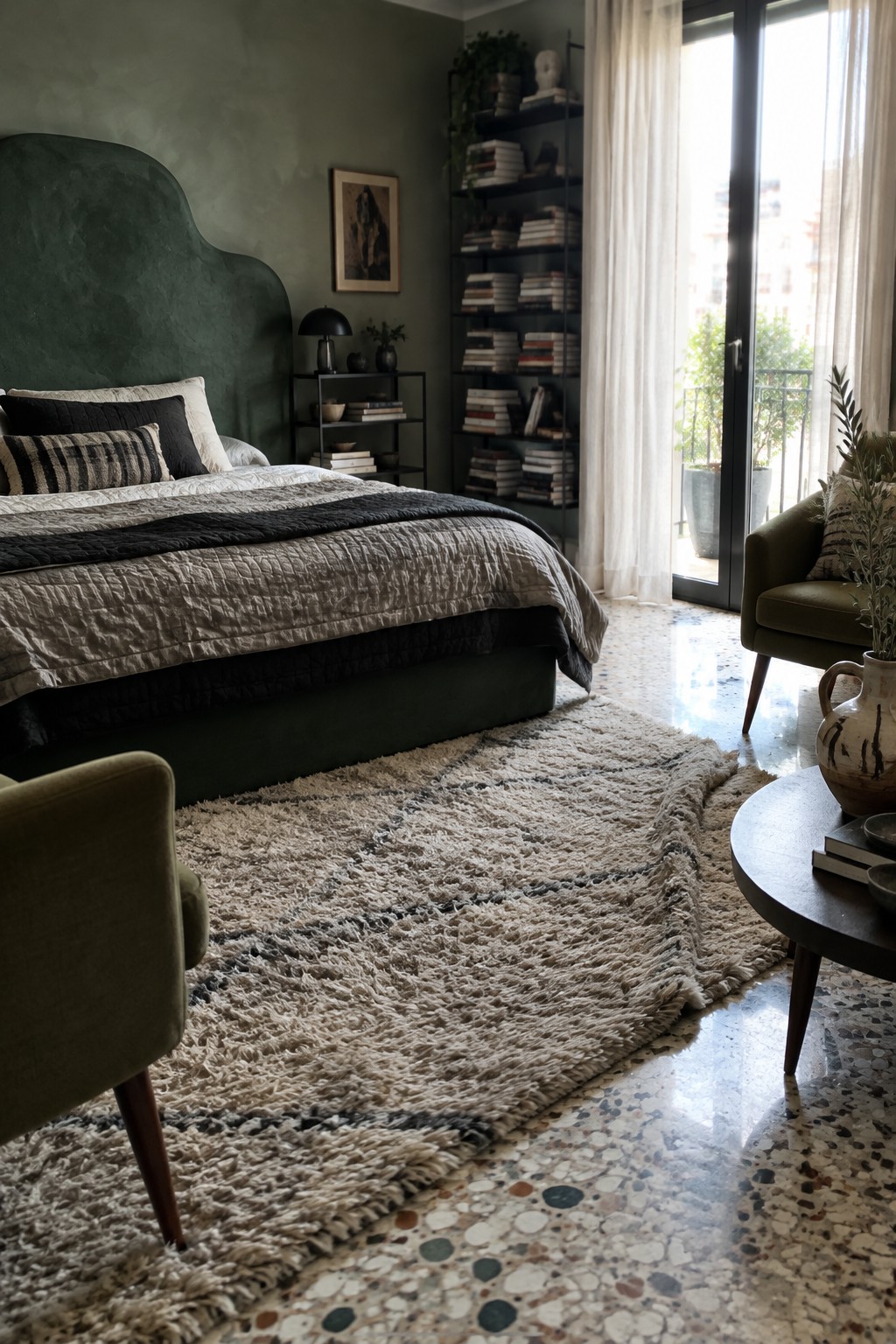 A bedroom with a tall, rounded dark green headboard, layered neutral bedding, and a textured rug.
