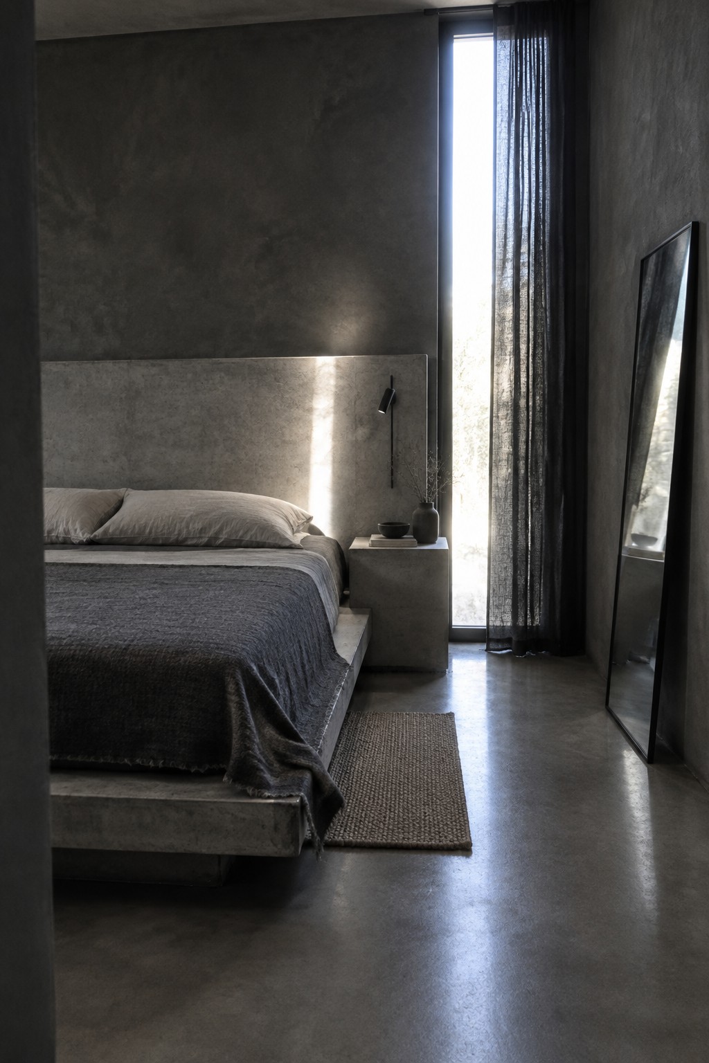 A low bed sits against a pale stone-look headboard wall in a dark gray bedroom.
