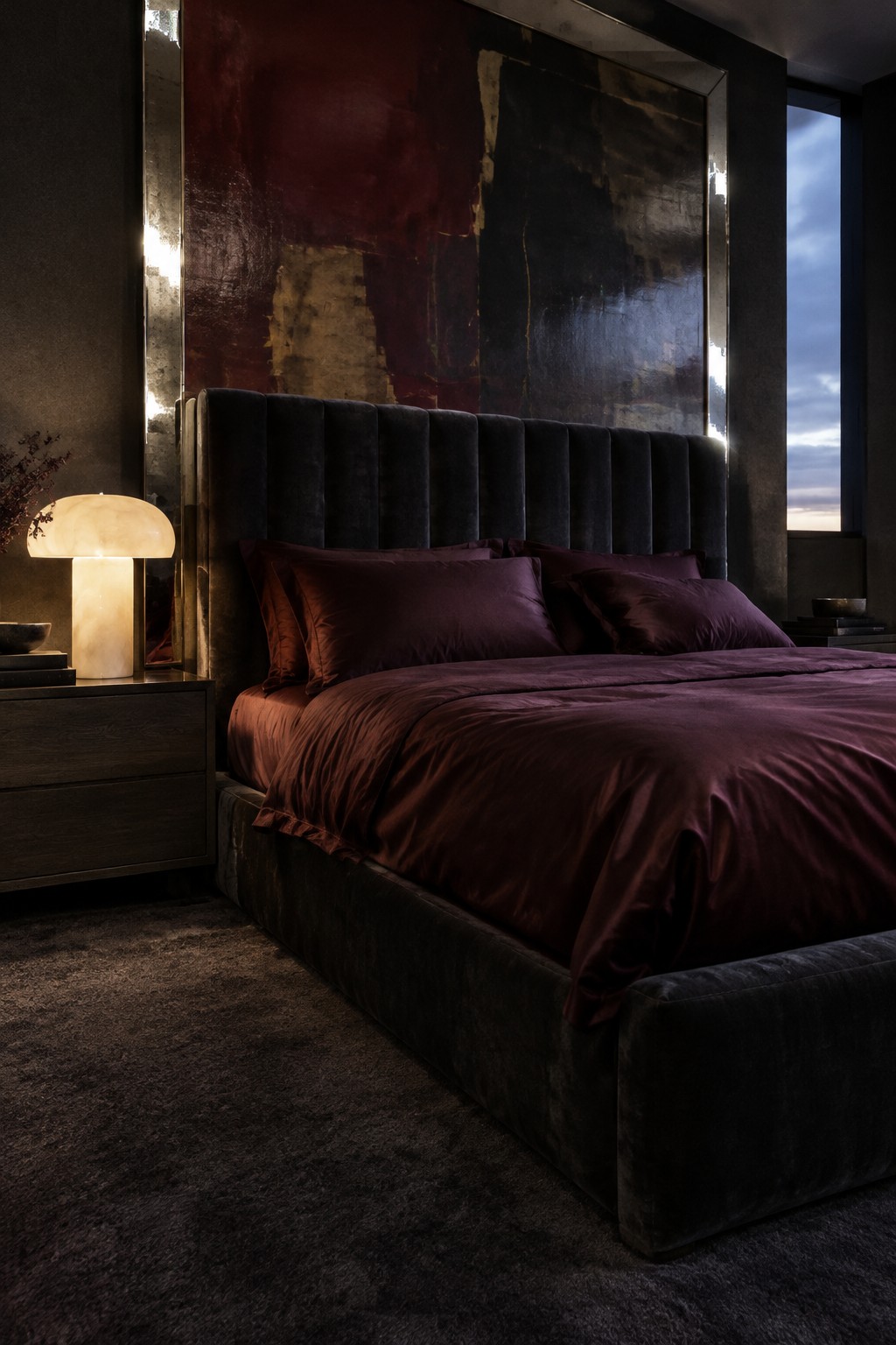A dark upholstered bed with a tall channel-tufted headboard, burgundy bedding, and a glowing bedside lamp.
