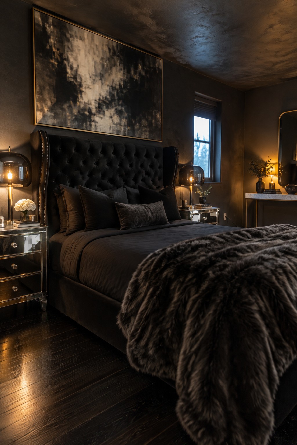 A dark bedroom with a tall black tufted headboard, matching bedding, and a charcoal throw draped across the bed.
