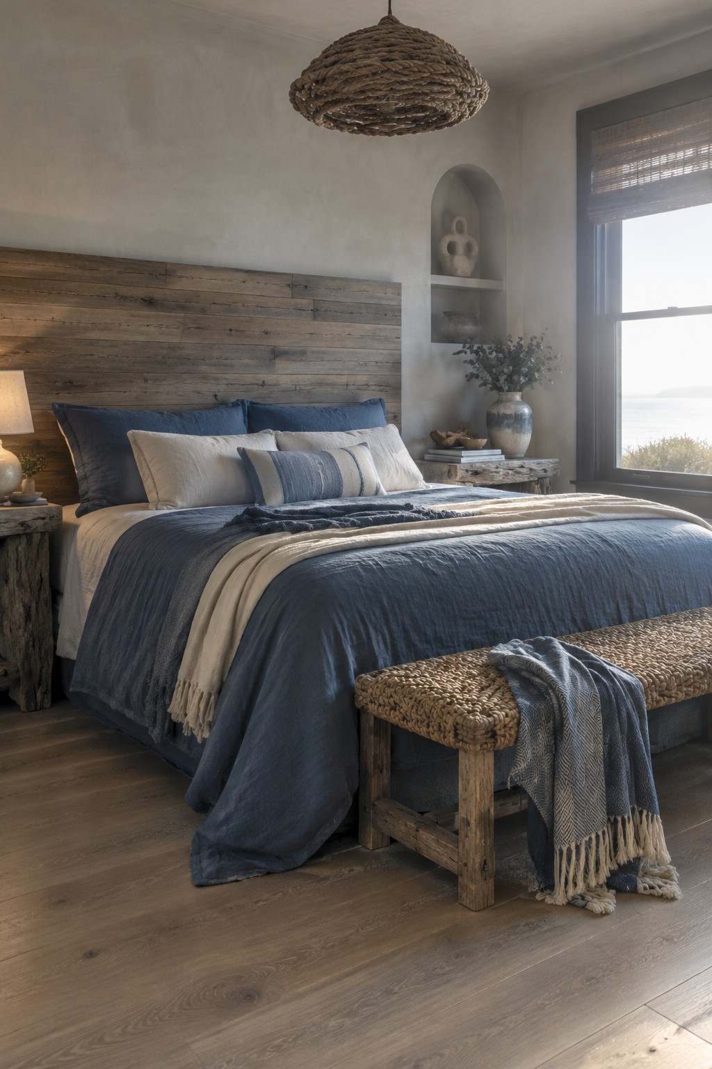 A bed with deep blue bedding and white pillows stands against a wide reclaimed wood headboard.