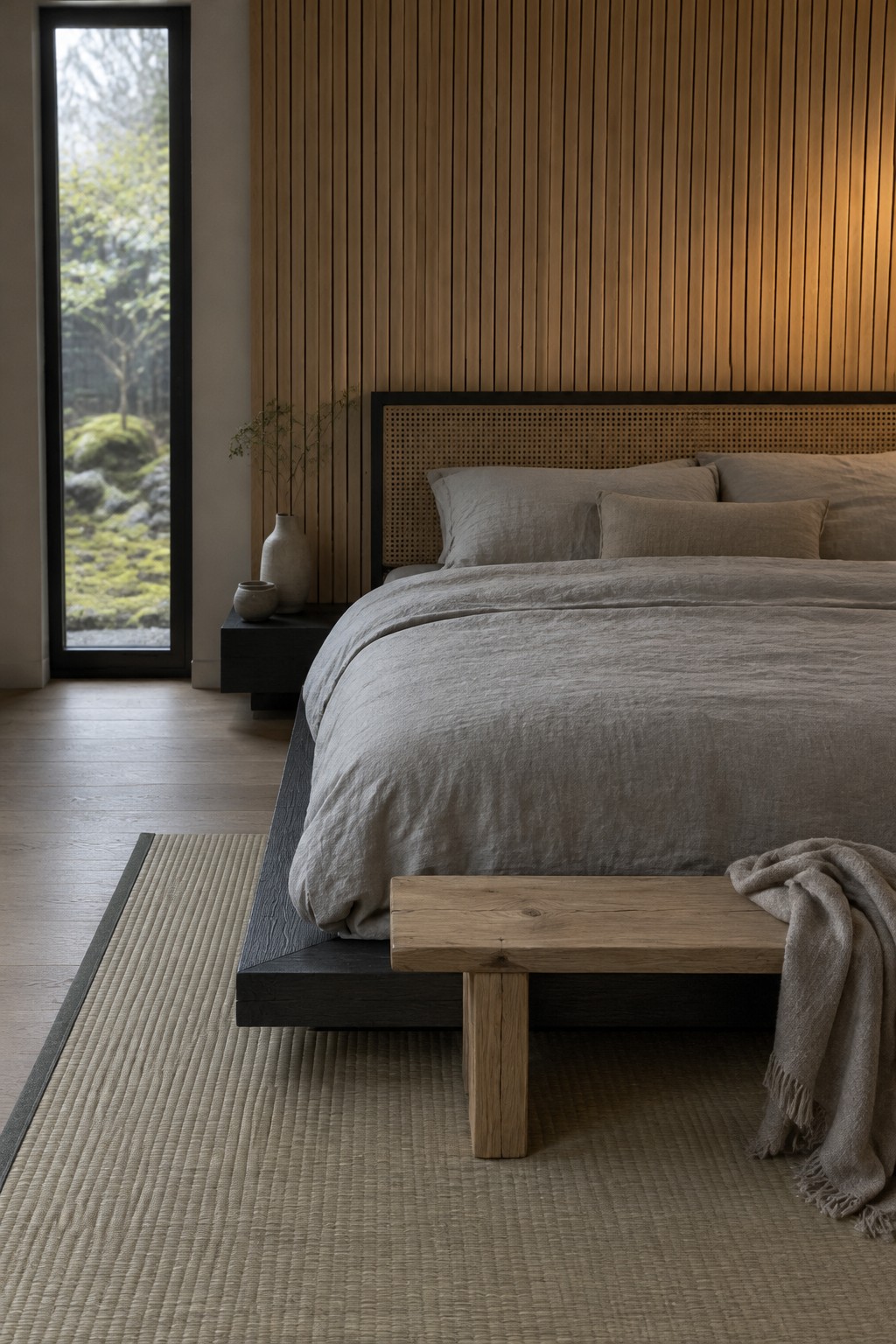 A bed with light gray bedding and a woven headboard sits against a vertical wood-slat wall.