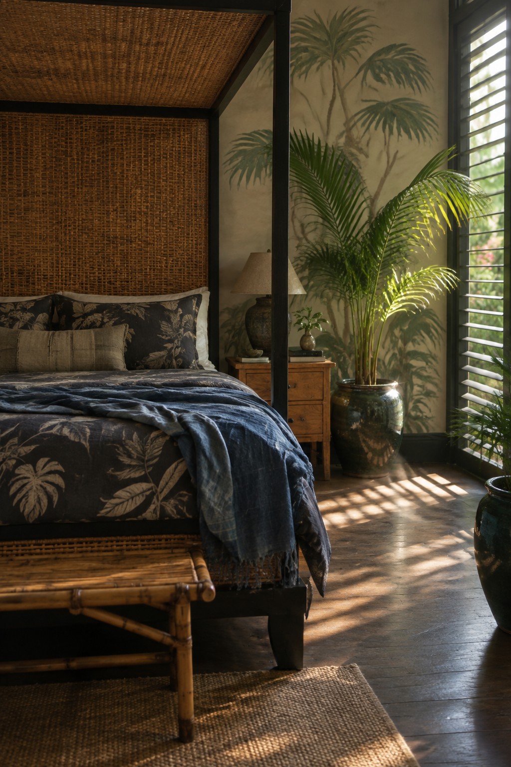 A dark four-poster bed with woven panels, floral bedding, and a blue throw sits beside a sunlit window and potted palm.