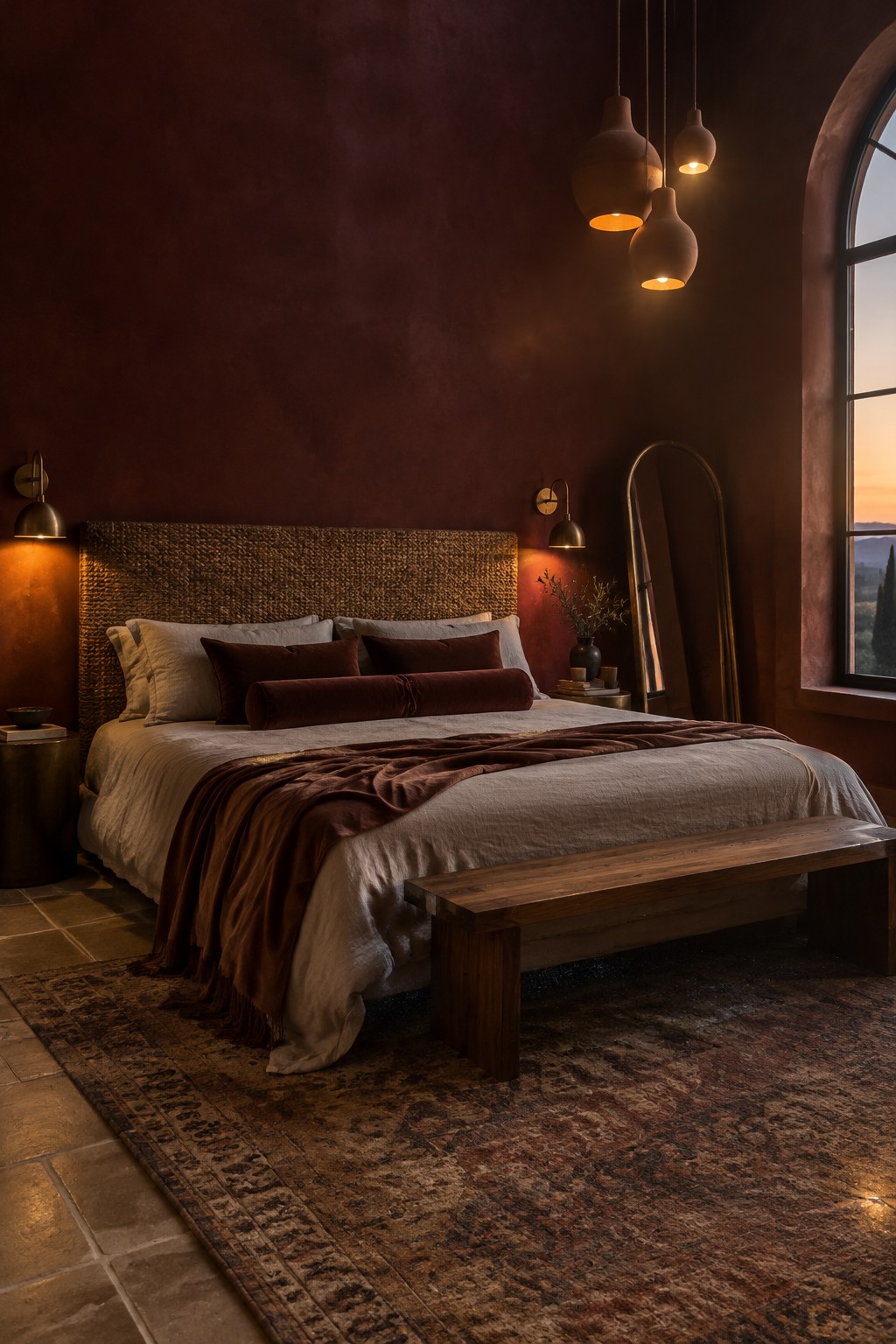 A bed with light linen bedding, rust-colored velvet pillows, and a dark throw in a bedroom with burgundy walls.