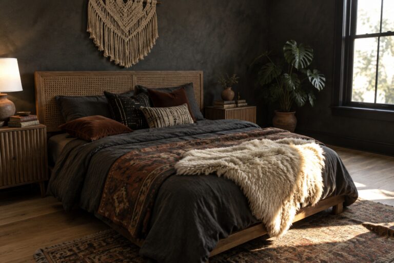 A dark bedroom with charcoal bedding, patterned cushions, a rust-colored throw, and a cream sheepskin on the bed.