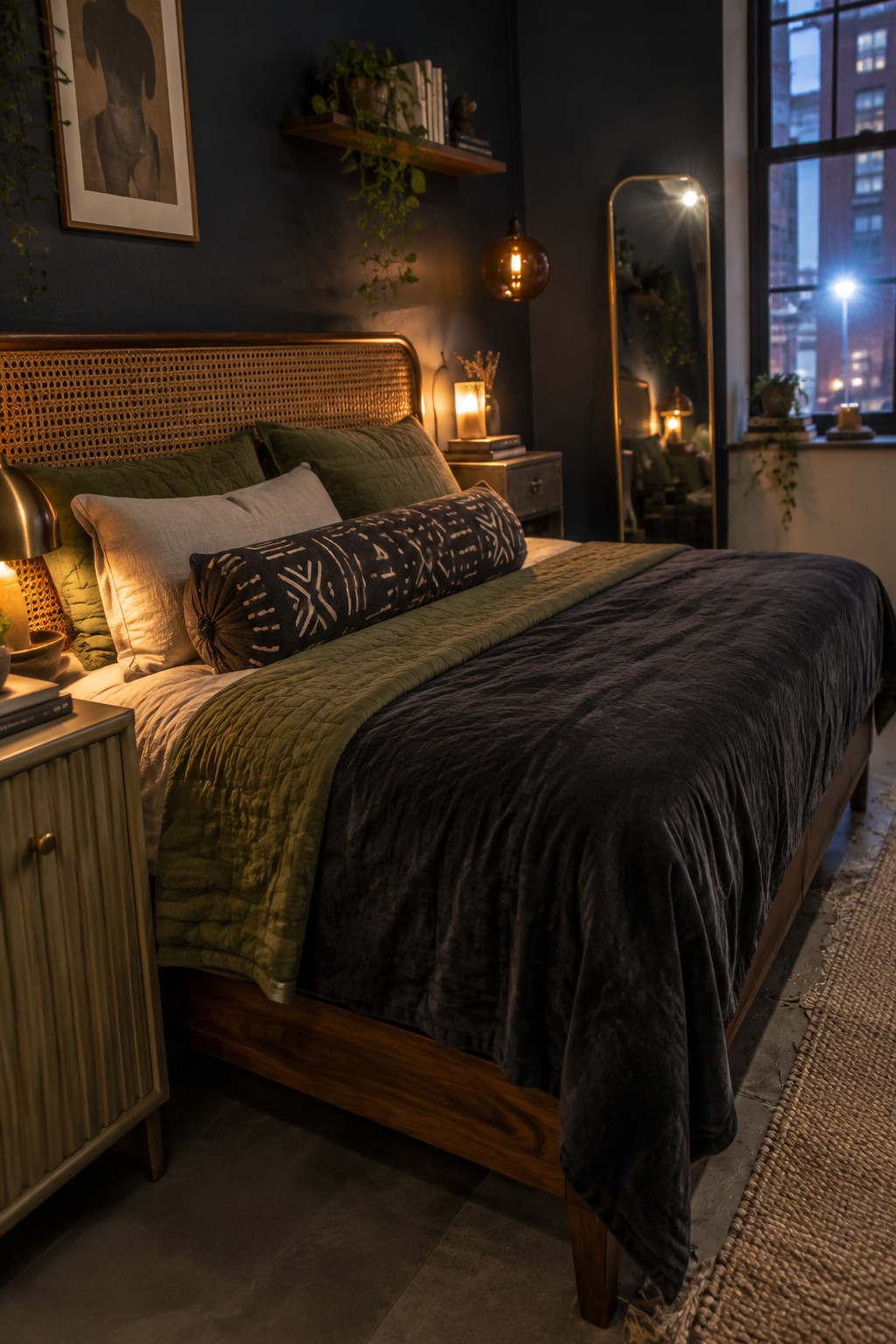 A bedroom with a dark charcoal bedspread, olive quilt, neutral pillows, and a patterned bolster on a wooden bed.