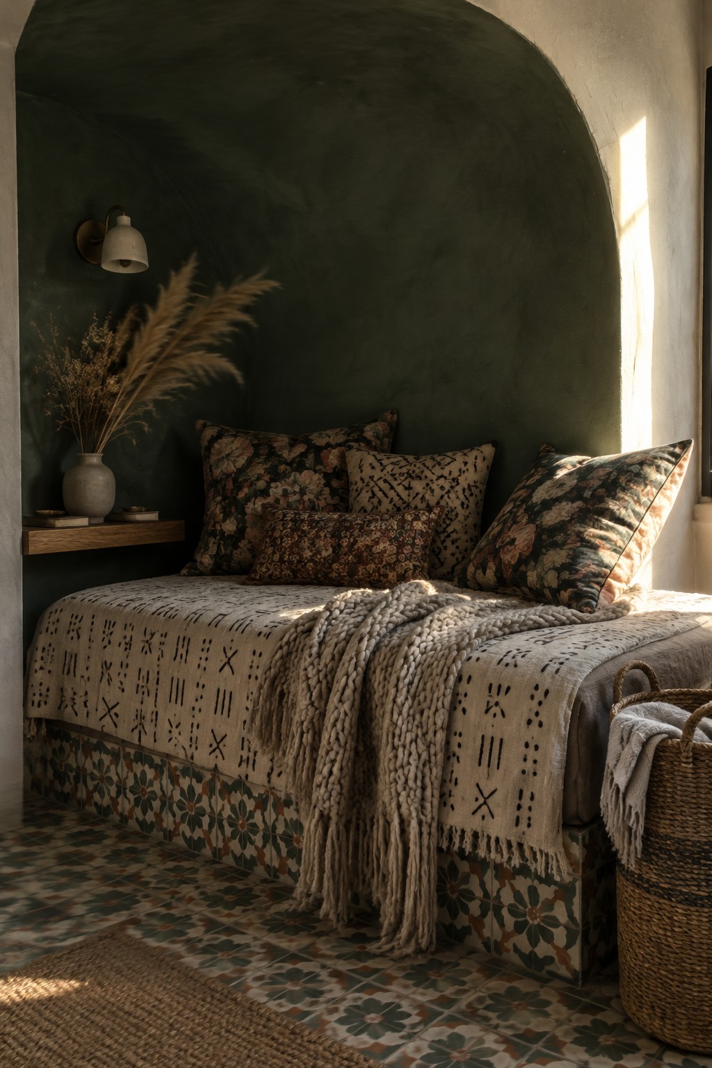 A daybed in a dark green arched alcove is layered with patterned cushions, a cream printed coverlet, and a thick knit throw.