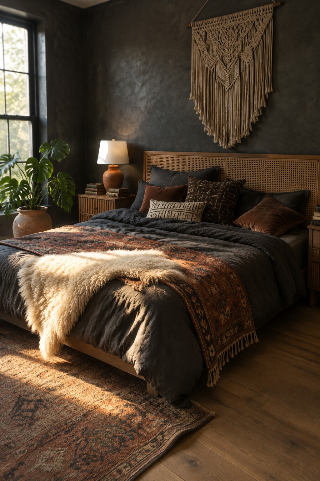 A dark bedroom with charcoal bedding, patterned cushions, a rust-colored throw, and a cream sheepskin on the bed.