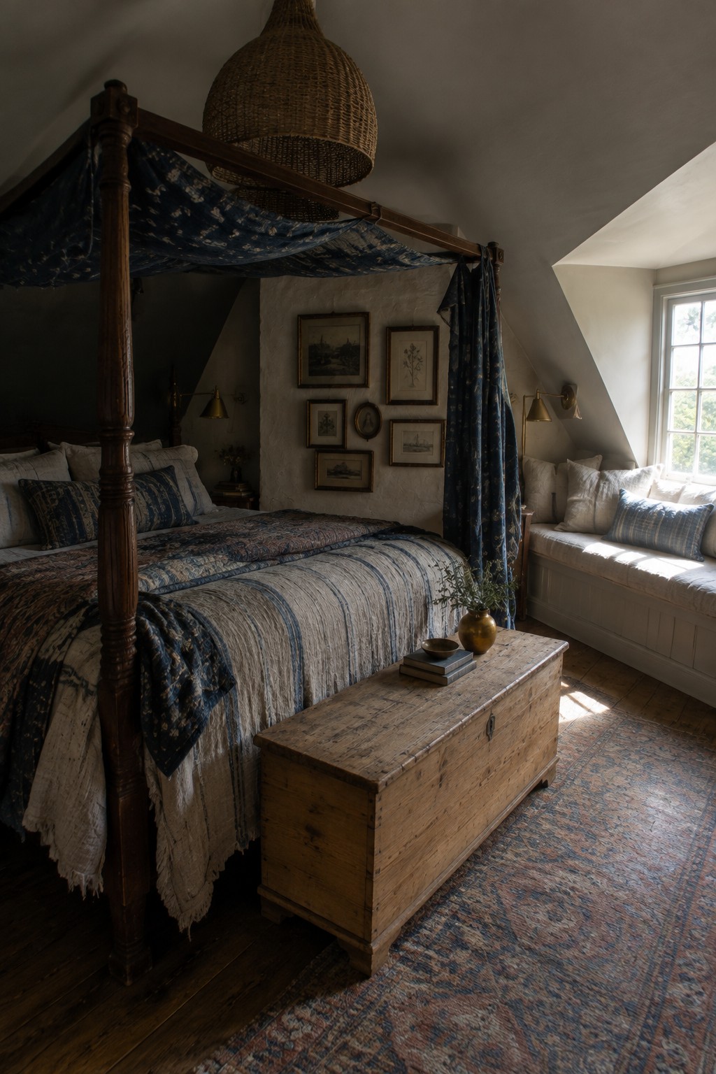 A dark wood four-poster bed with blue patterned canopy fabric and layered blue and cream bedding.
